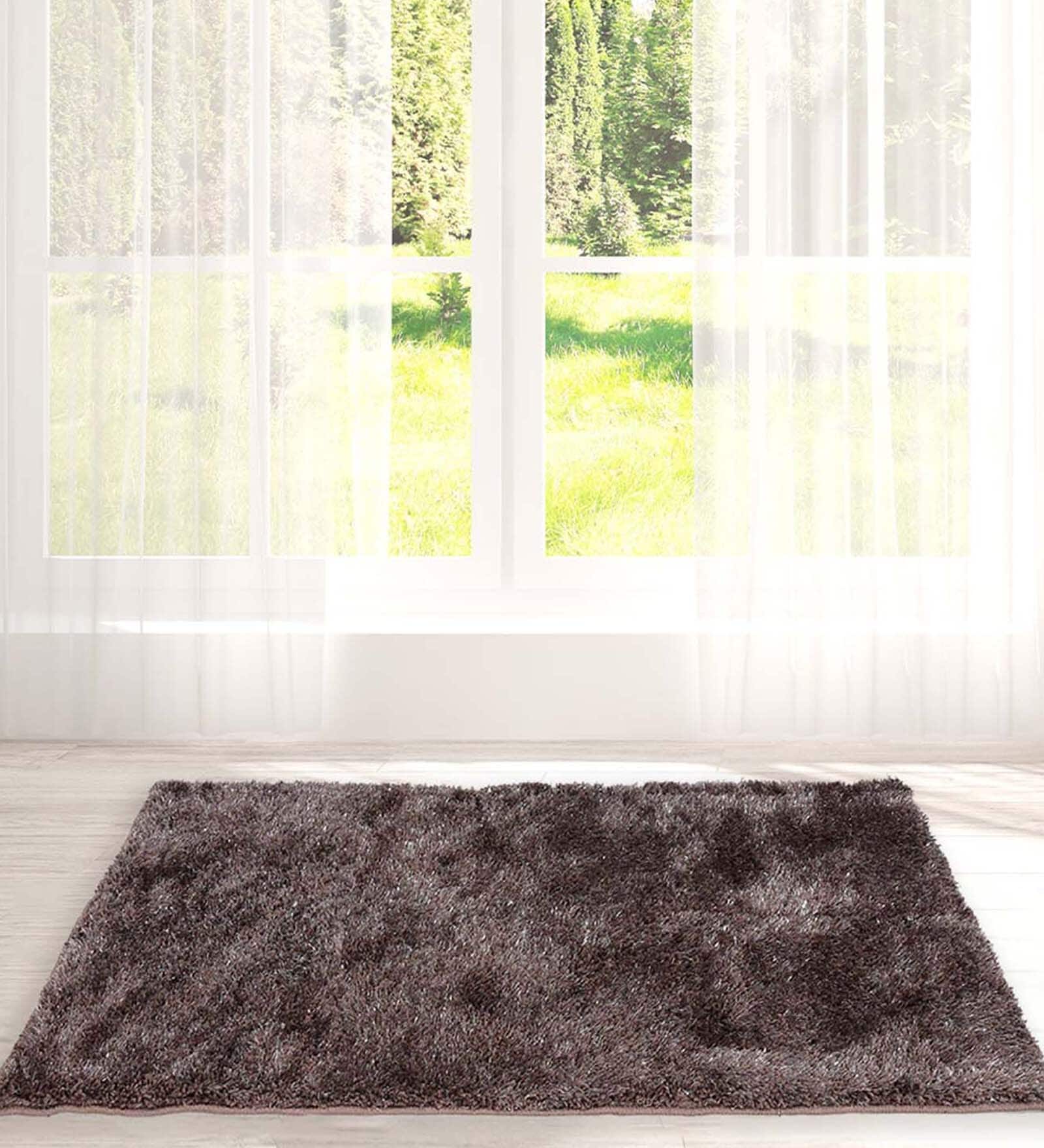 Brown Shaggy Fibre 3 ft x 5 ft Hand Tufted Carpet