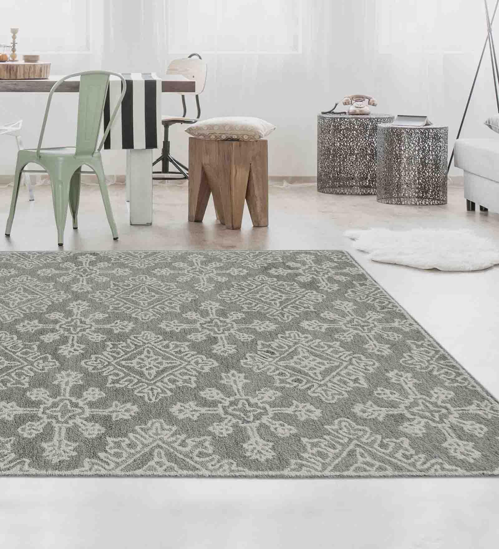 Grey Persian Wool And Viscose 8 ft x 10 ft Hand Tufted Carpet