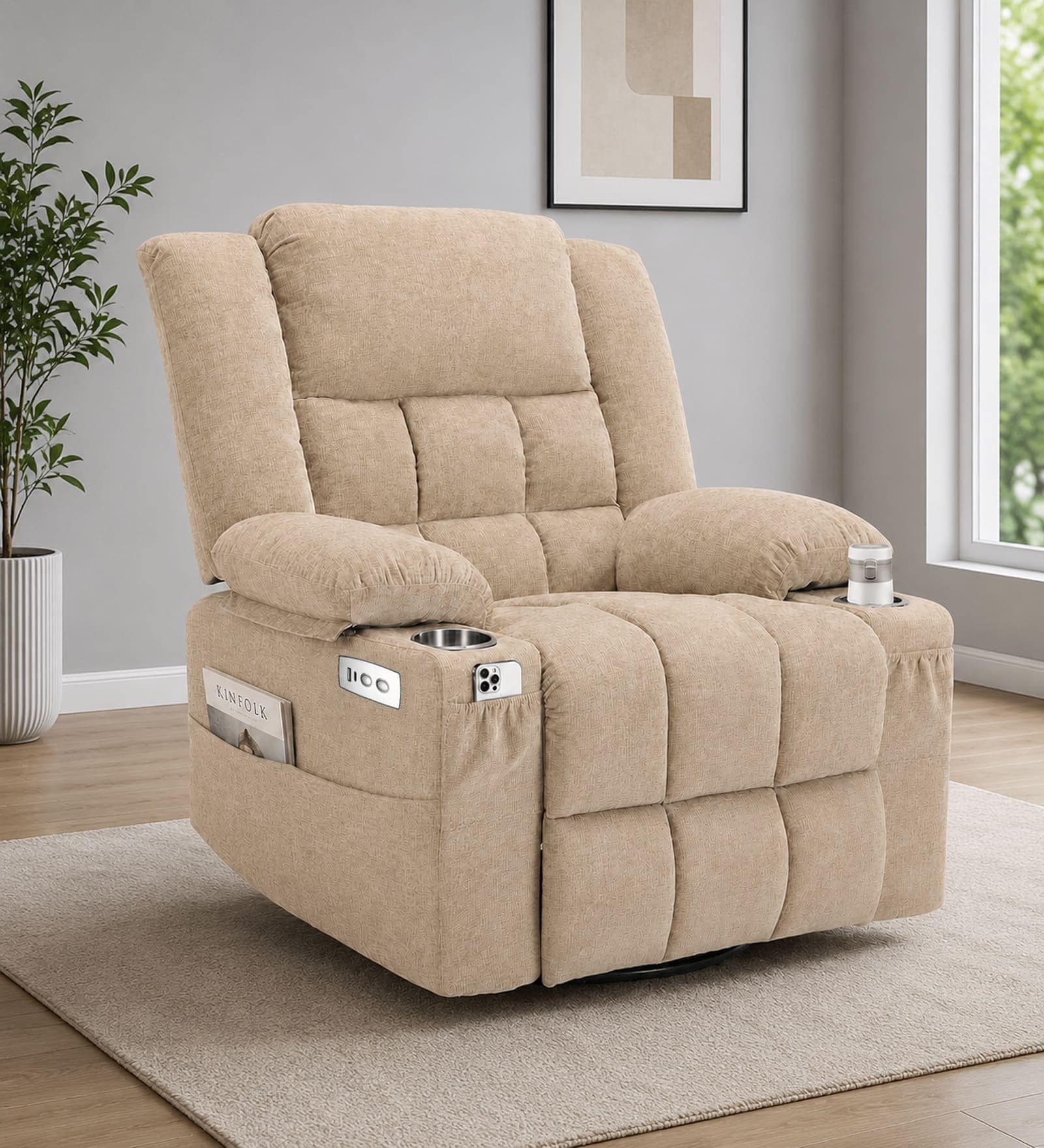 Shark Suede Fabric Rocking And Revolving Electric 1 Seater Recliner With USB Port In Sand Beige Colour Shark Suede Fabric Rocking And Revolving Electric 1 Seater Recliner With USB Port In Sand Beige Colour
