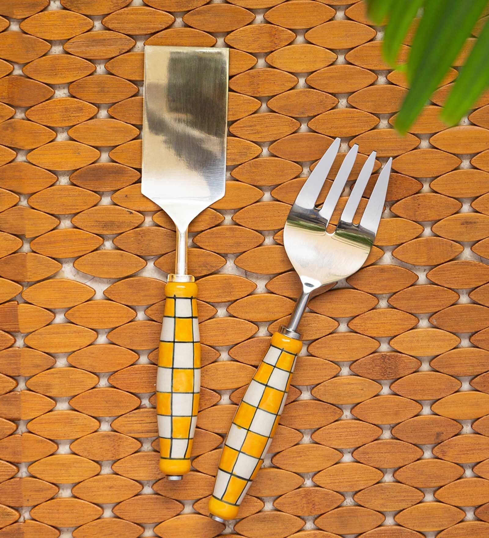 Shatranj Checkered Yellow & White Stainless Steel (Set of 2) Cake Serving Fork & Scraper