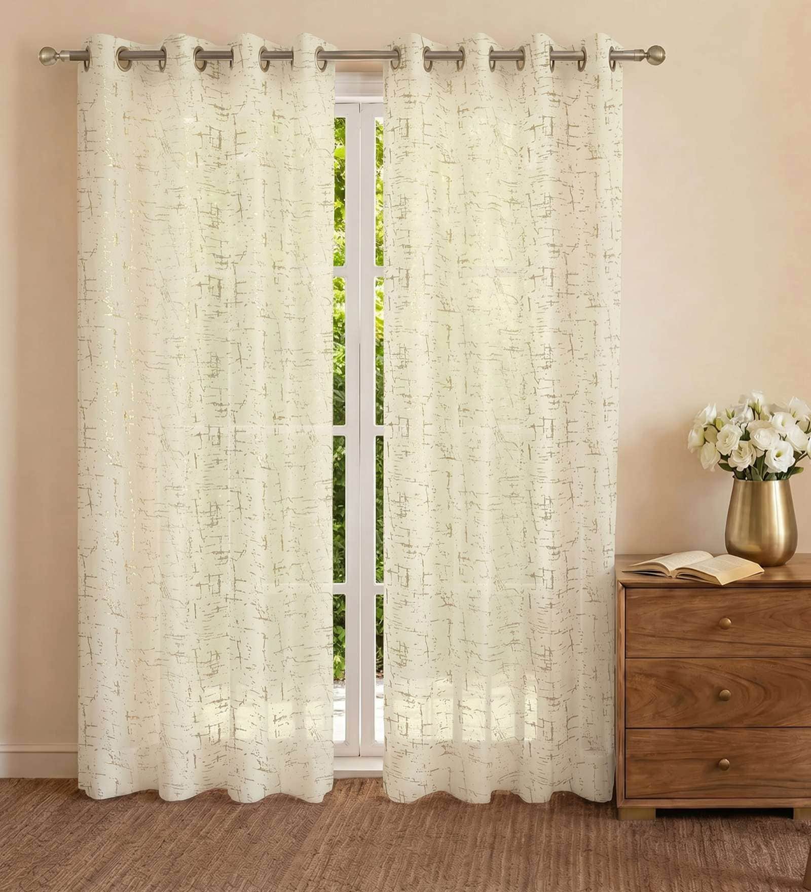 Sheer Sparkle Butter Cream Solid Polyester Curtains for Long Door Pack of 2