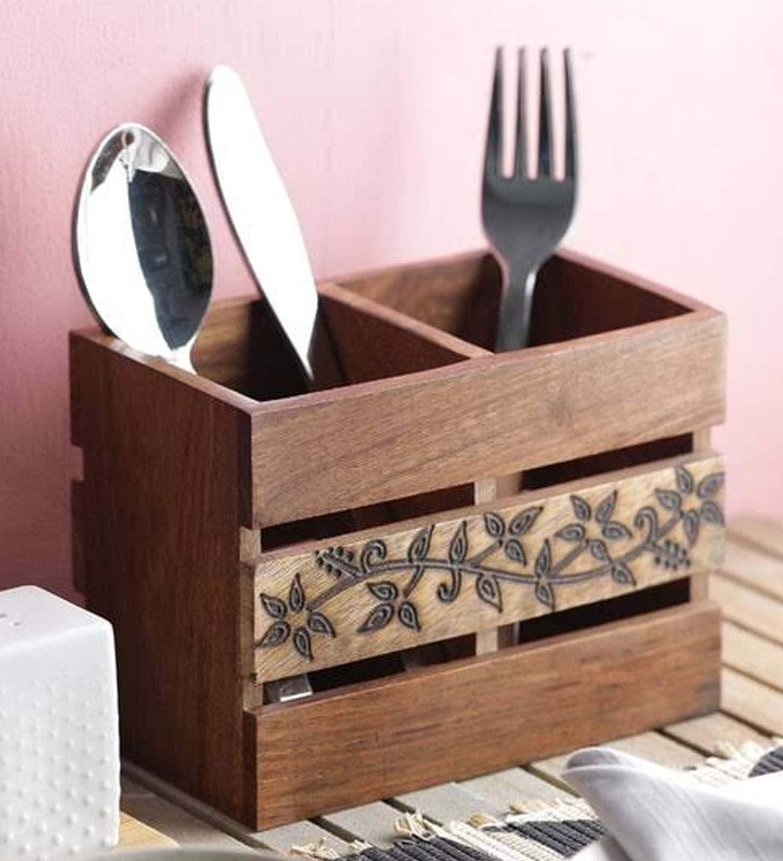 Brown Wood Cutlery Holder