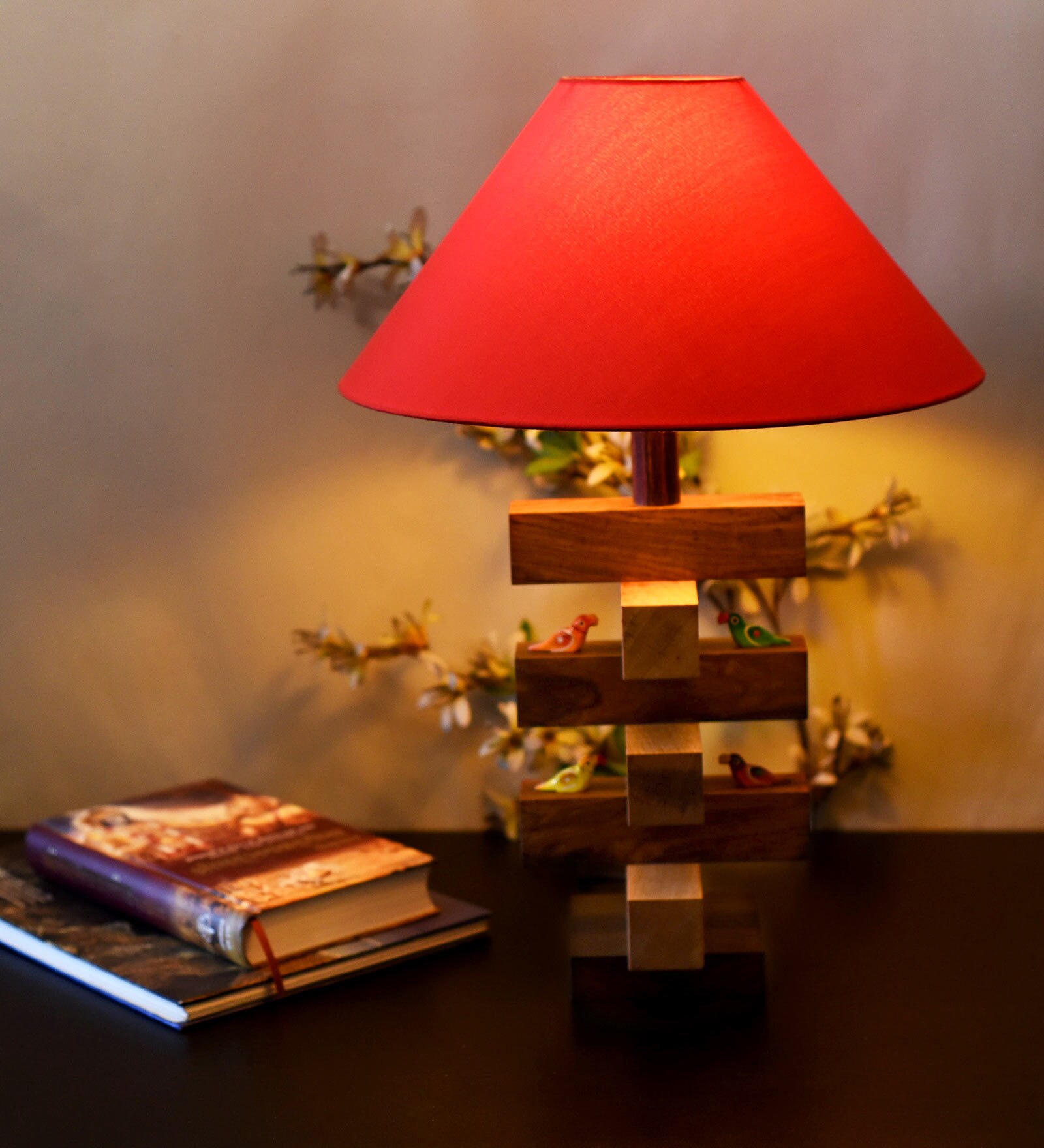 Sheesham Wood Bird Red Cotton Shade Table Lamp With Brown Base