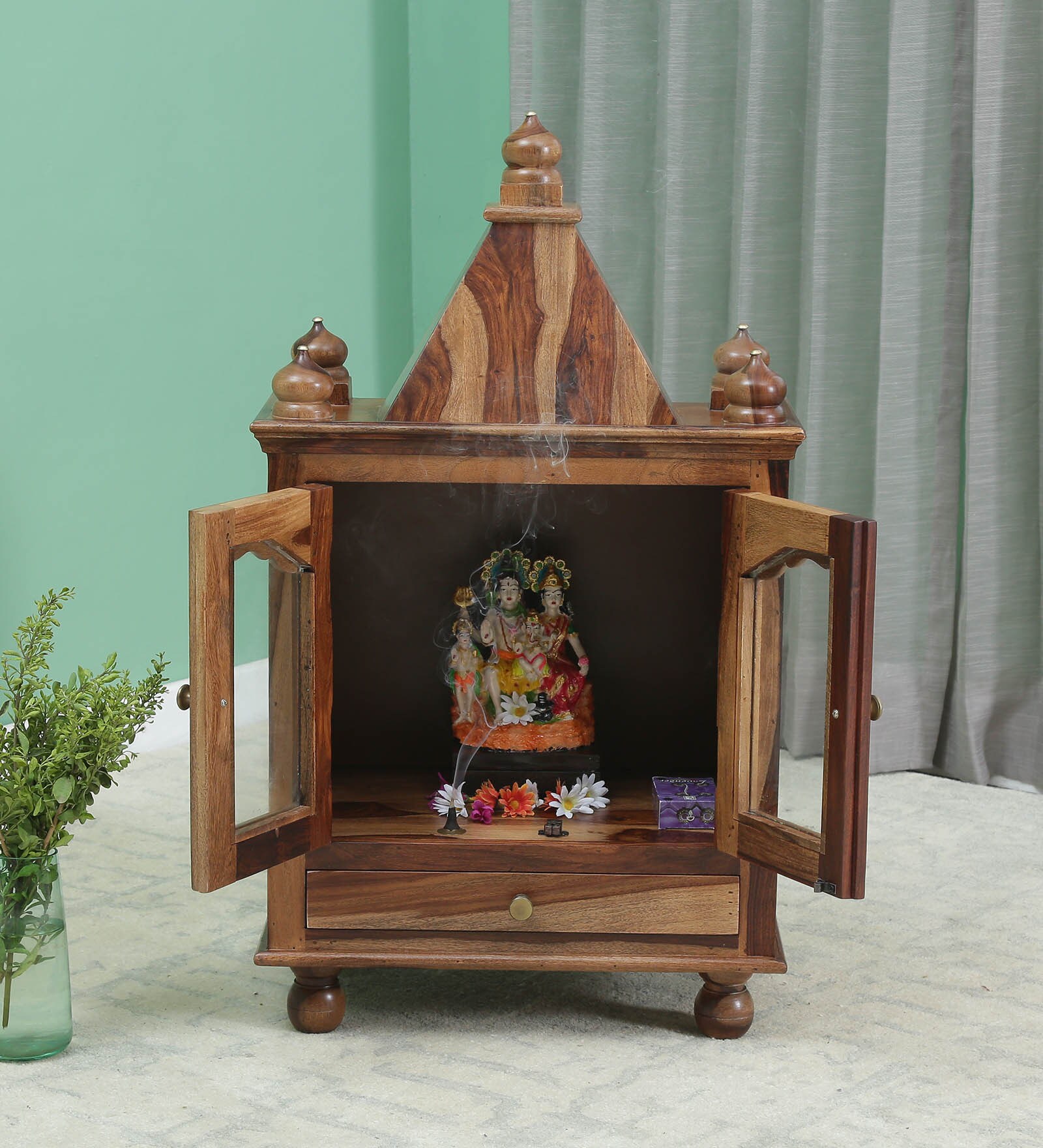 Natural Finish Sheesham Wood Floor Rested Mandir With Door