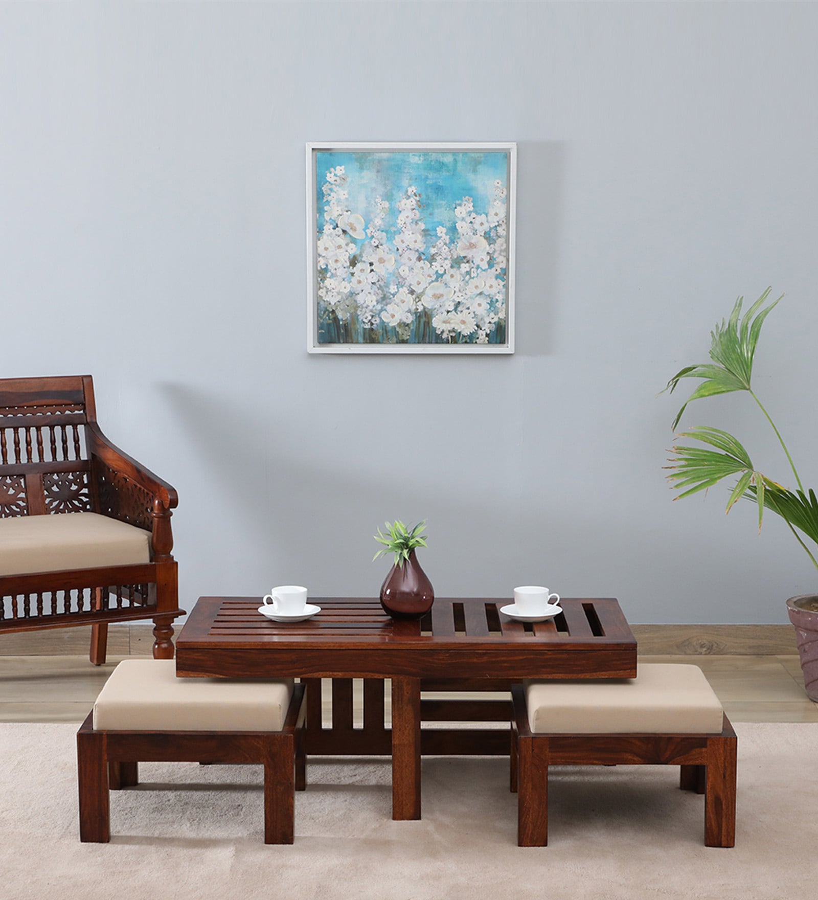 Sheffield Solid Wood Nesting Coffee Table Set in Honey Oak Finish With Cushioned Stools