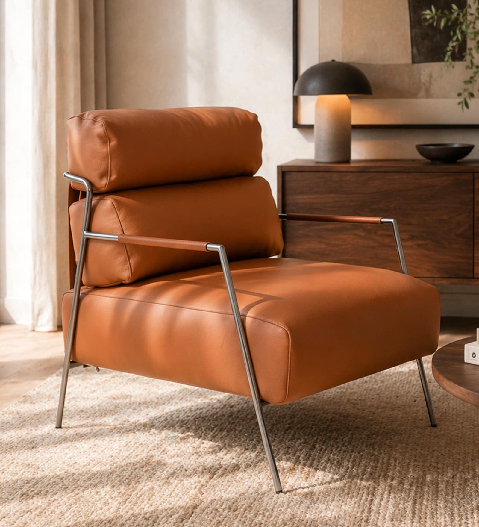Shephard Leather Fabric Lounge Chair in Tan Colour