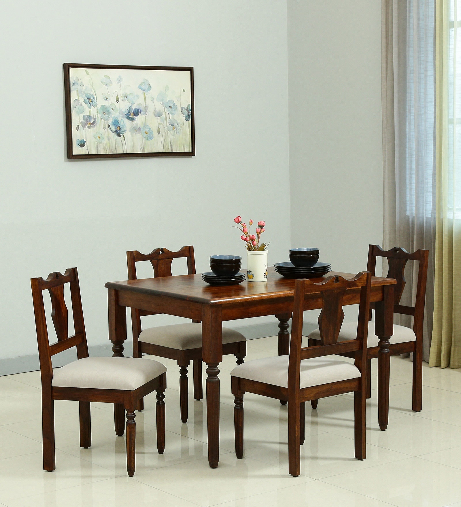 Sheraton Imported Latin Teak Wood 4 Seater Dining Set In Provinicial Teak Finish