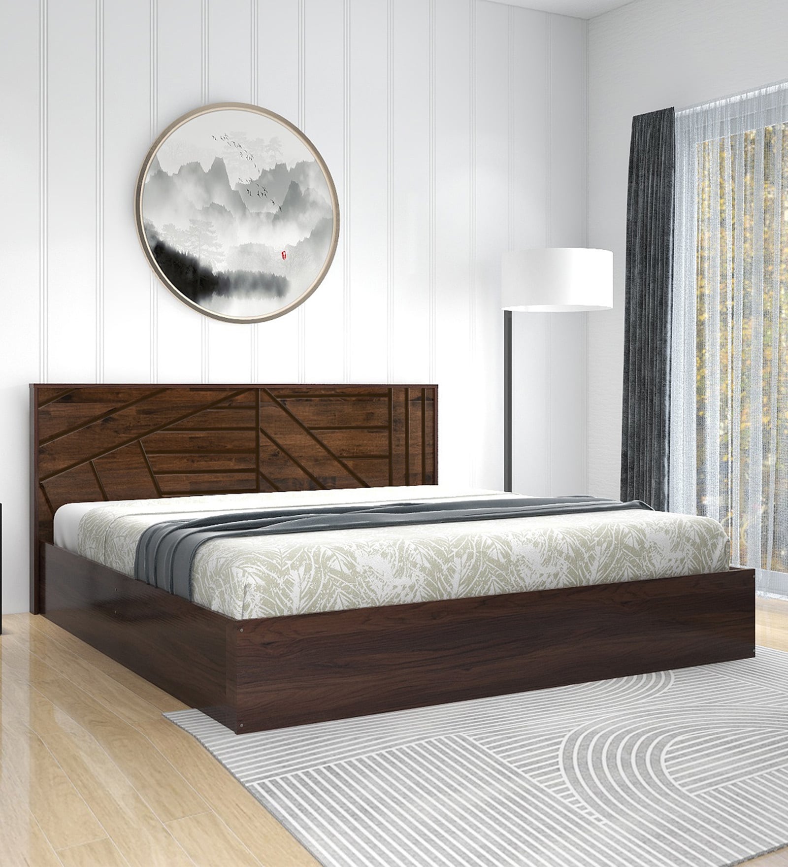 Shinobu III Queen Size Bed in Walnut Colour With Box Storage & Solid Wood Headboard