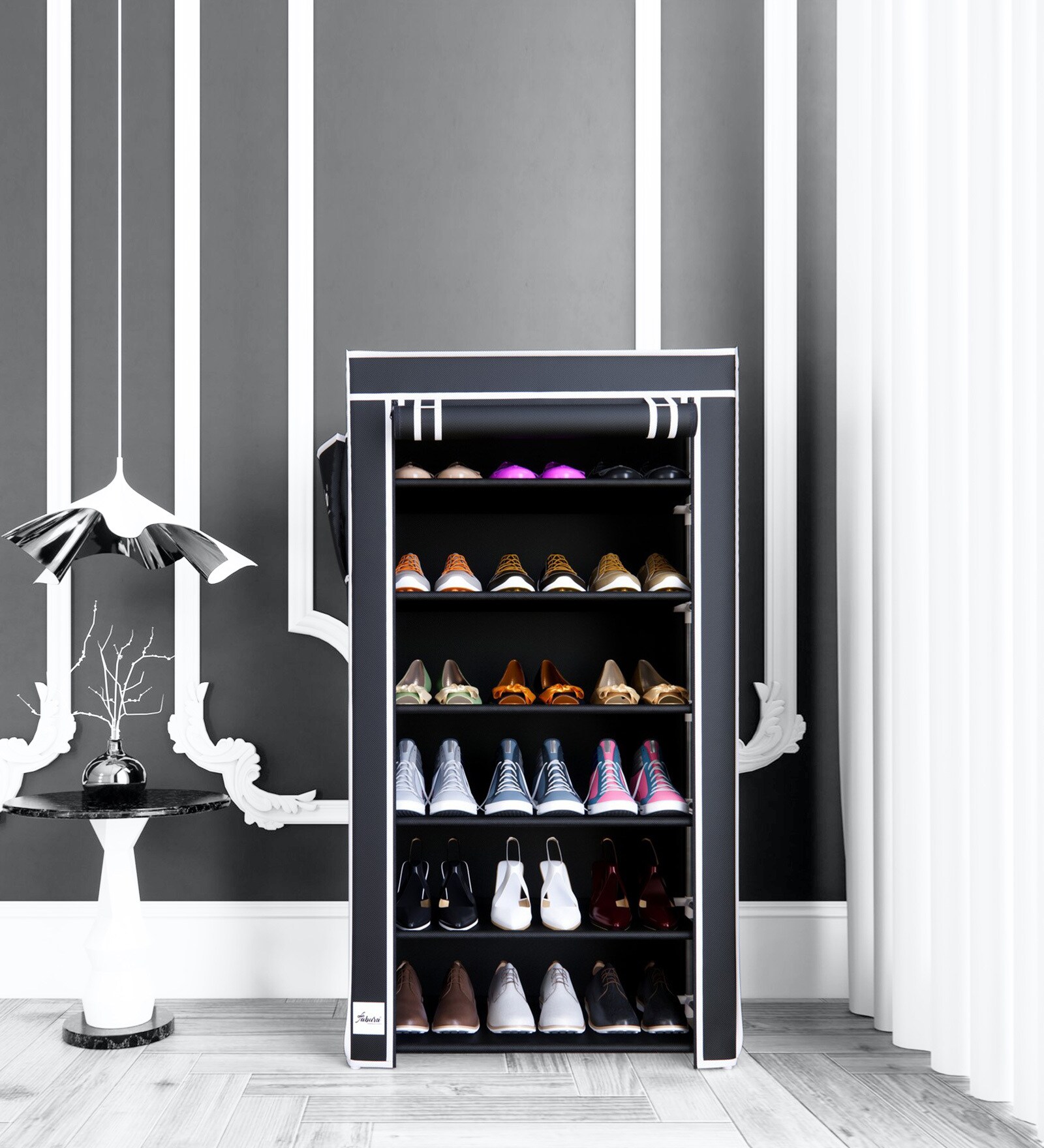 Buy Alpine Fabric Open Shoe Rack in Black Finish by FABURA Online