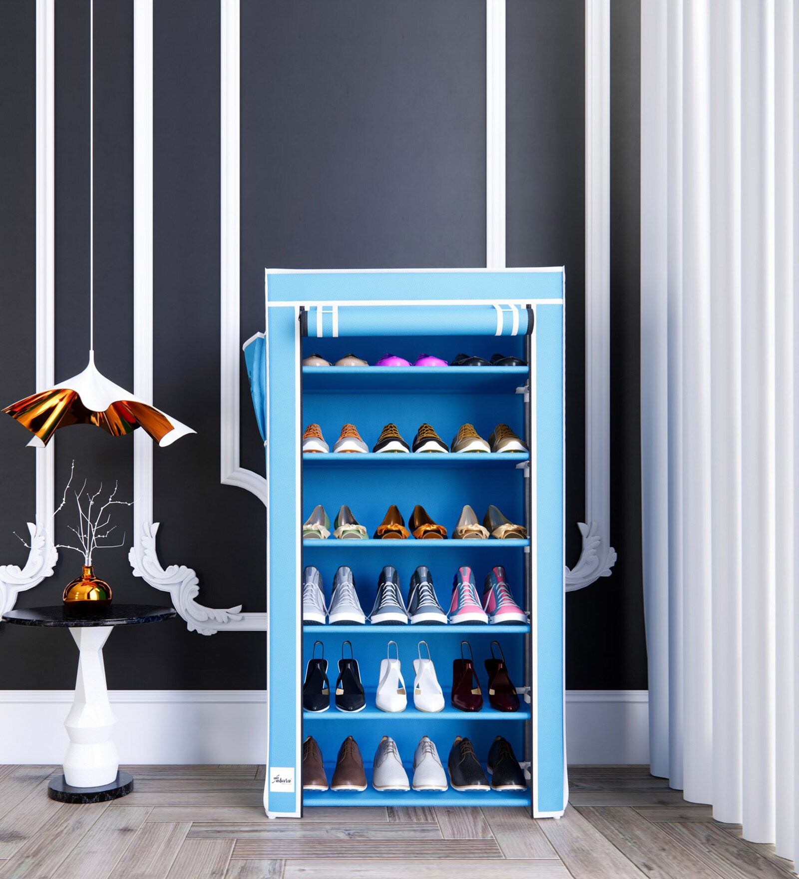 Alpine Fabric Open Shoe Rack in Blue Finish
