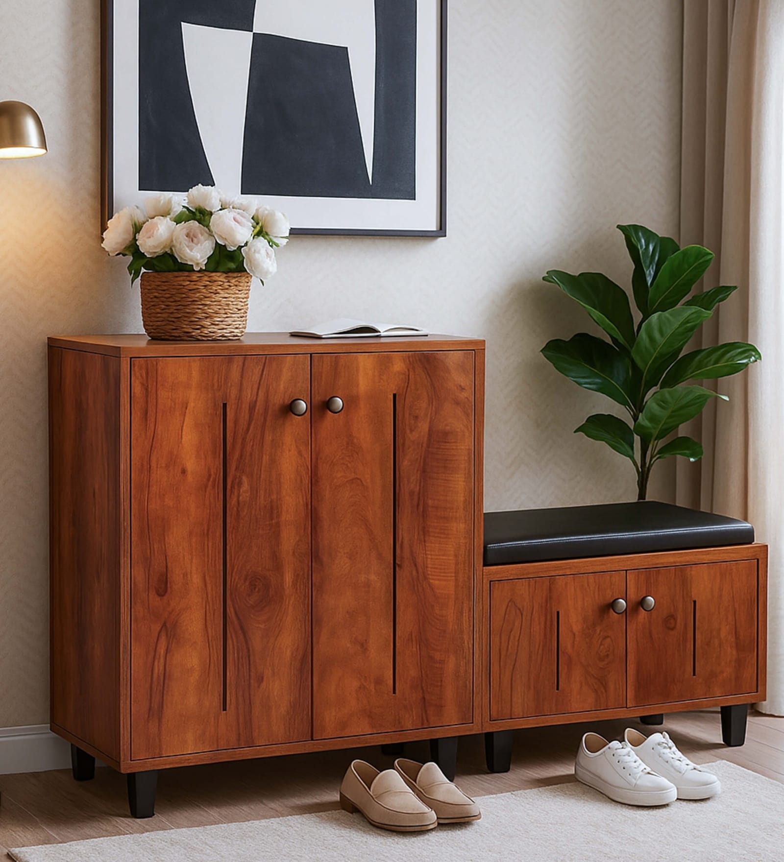 ShoeFit 20-Pairs Shoe Cabinet In Tan Finish With Seating