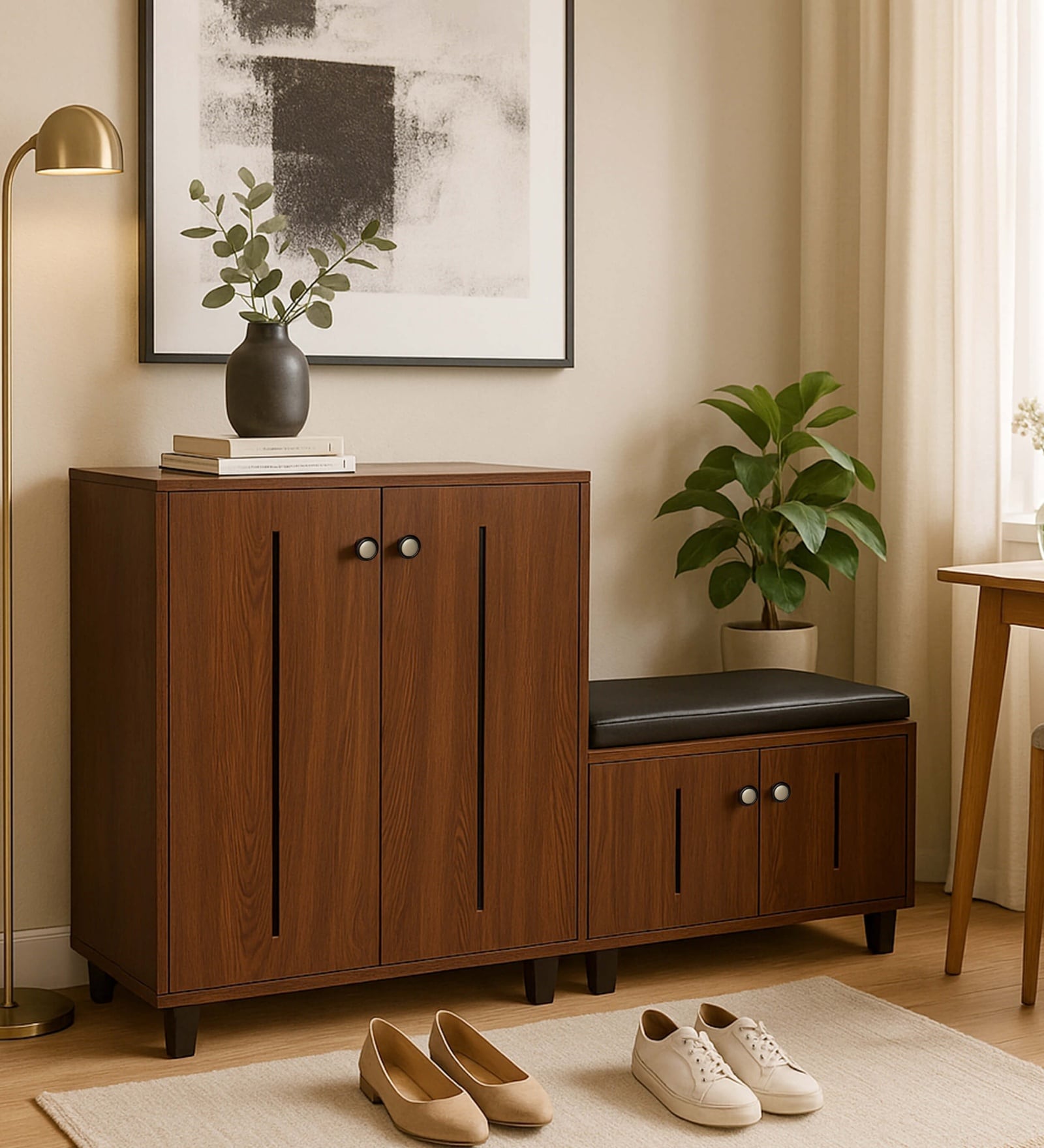 ShoeFit 20-Pairs Shoe Cabinet In Walnut Finish With Seating
