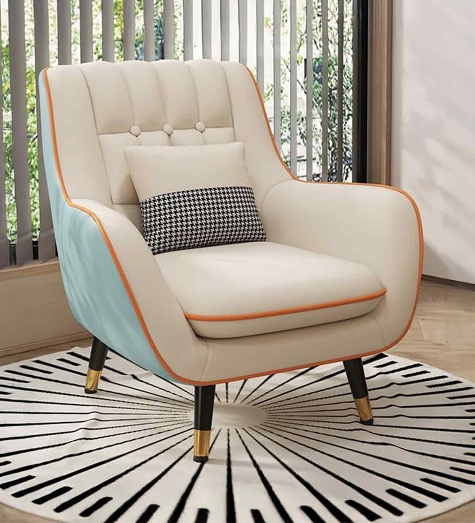 Shremate Leatherette Lounge Chair In Off White & Mint Blue Colour