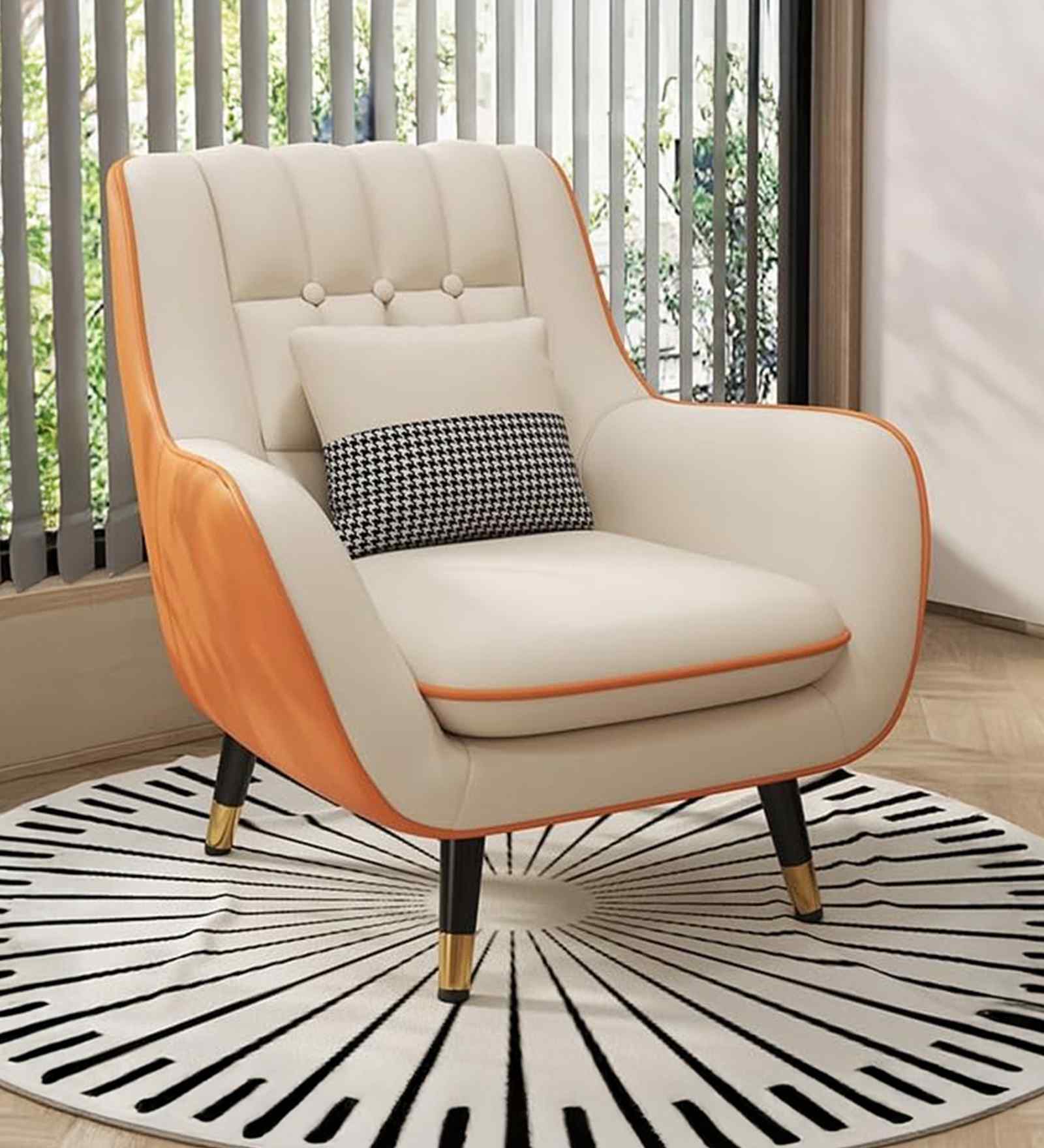 Shremate Leatherette Lounge Chair In Off White & Tan Colour