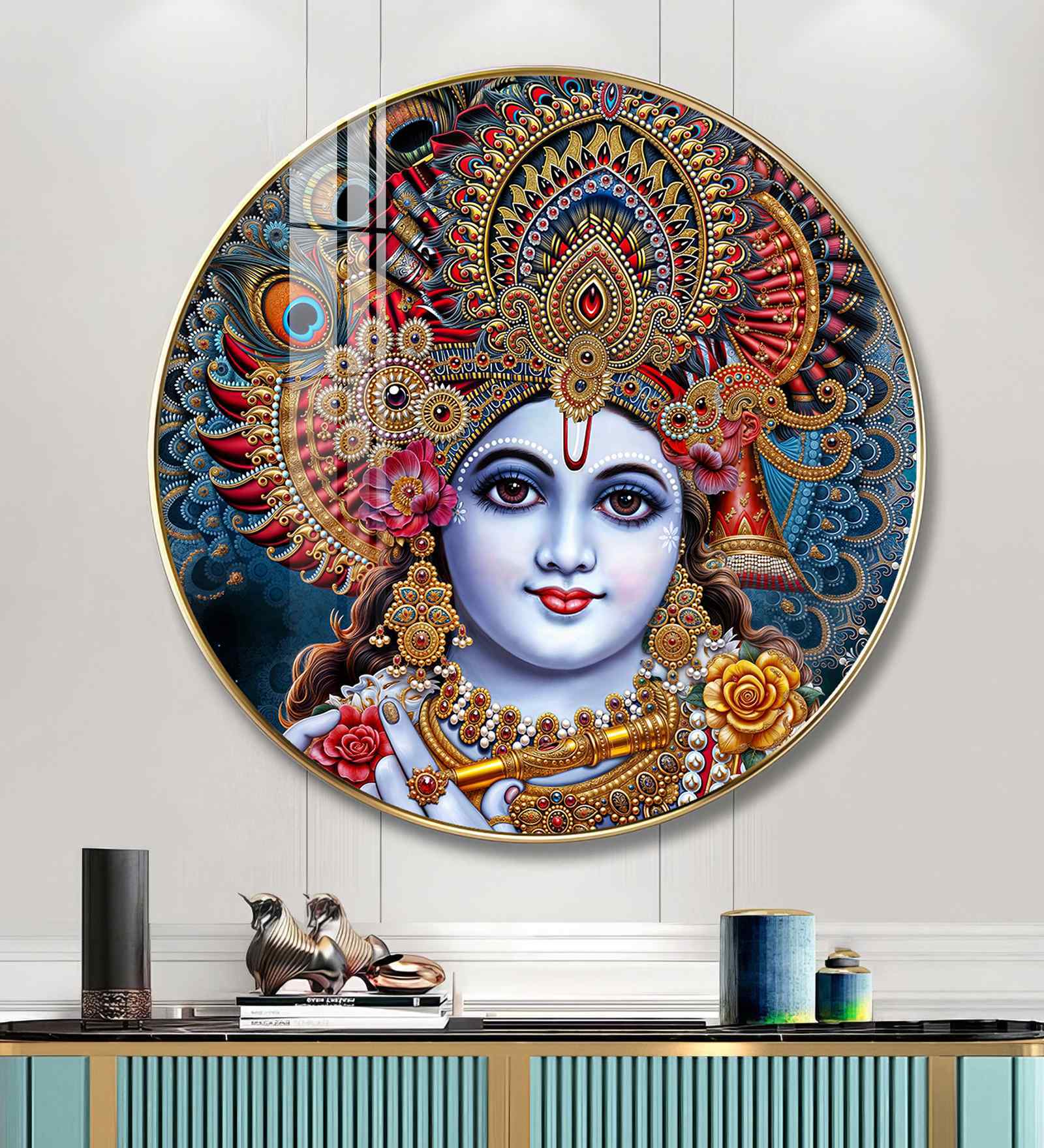Shri Krishna With Bansuri Acrylic Round Wall Art