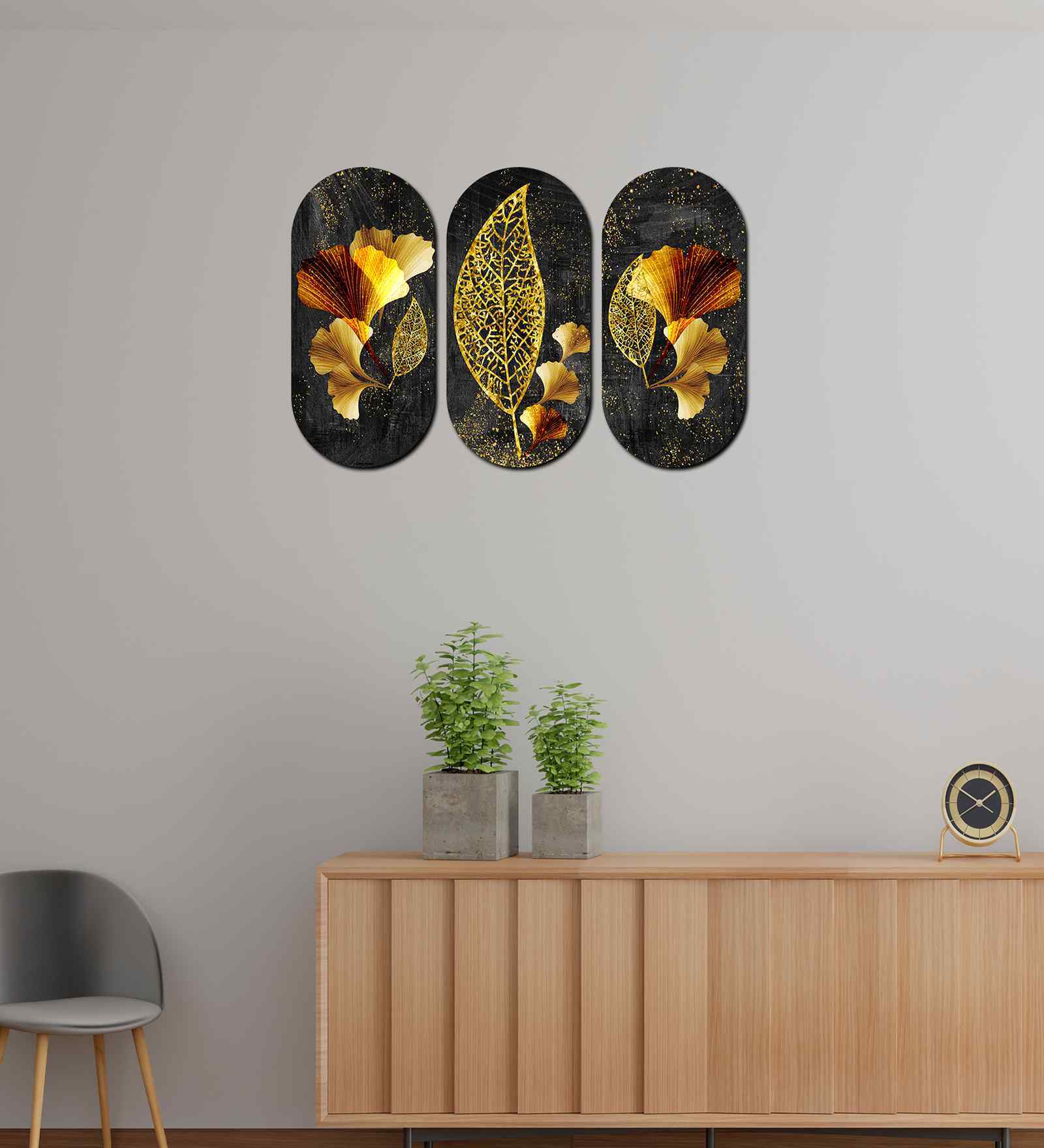 Set of 3  Golden Leaf Wooden Wall Hanging Set Of 3