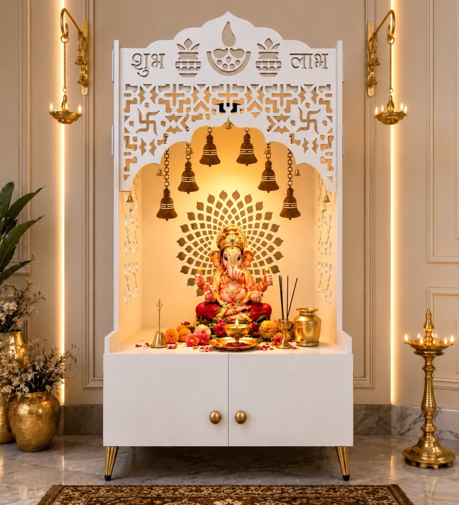 Shubh Labh Engraving White Wooden Floor Cabinet Home Temple