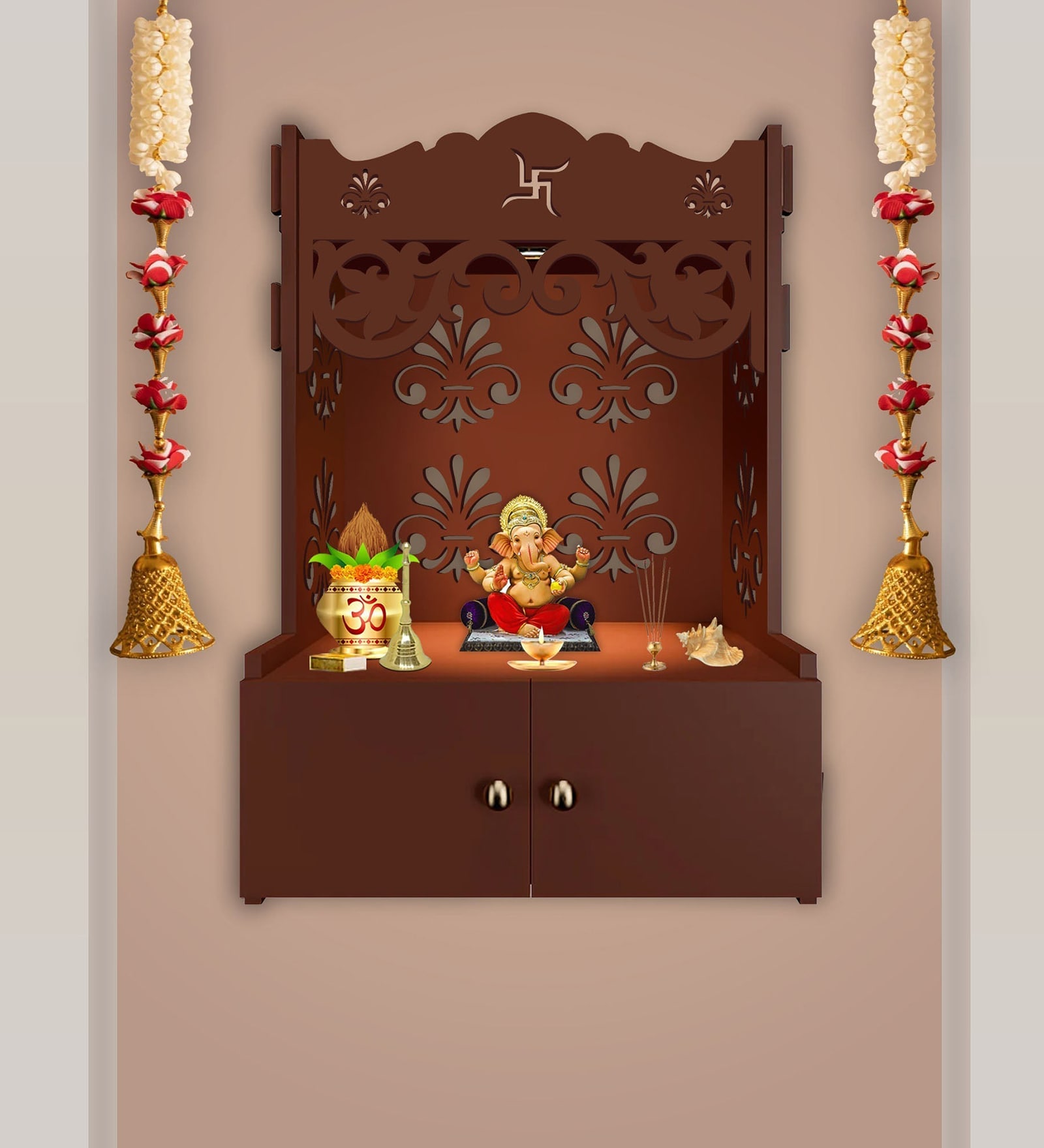 Shubh Labh Symbol of Hindu Religious Brown Wooden Wall Temple for Home With Inbuilt focus Lights & Spacious Shelf