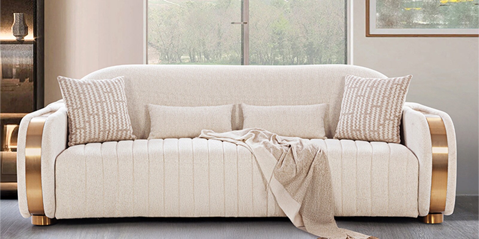 Sharjah Fabric 3 Seater Sofa In Beige Colour