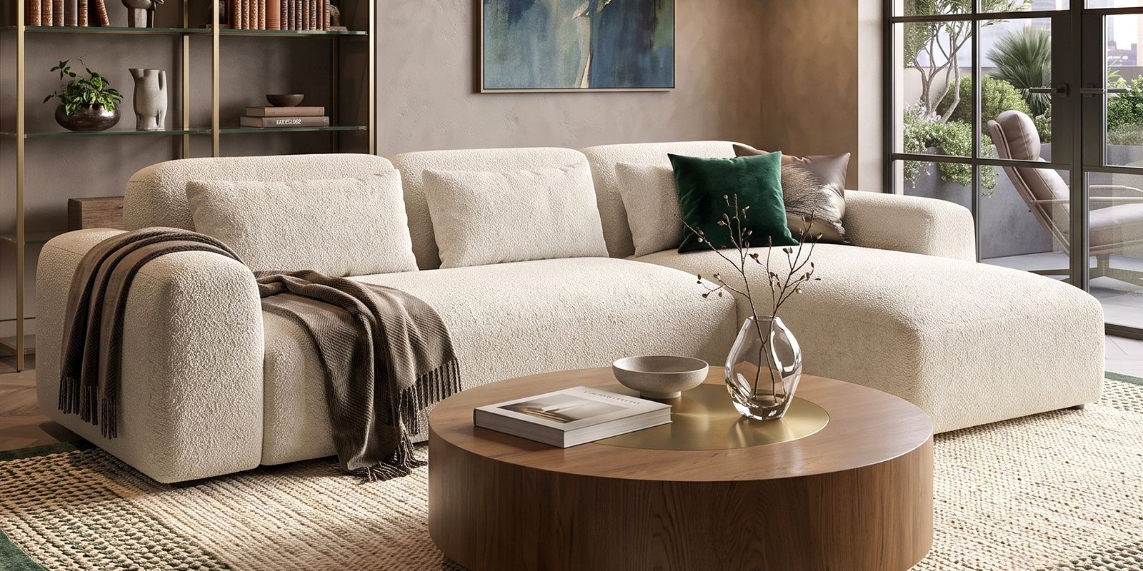 Shen LHS Seational Sofa With Promise Ecru Fabric  In White Colour