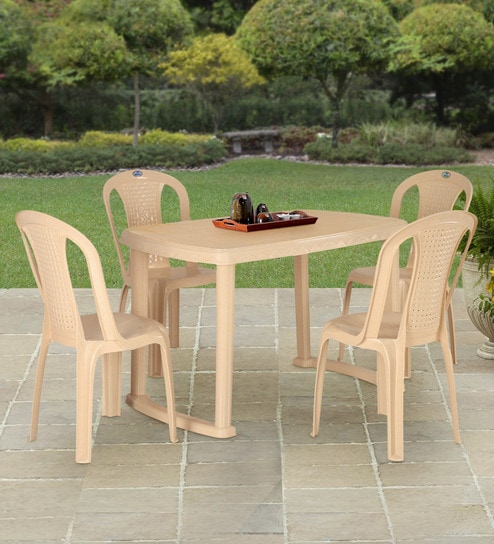 Shahenshah Plastic Table and Chair Set in Marble Beige Colour with 4 Chairs