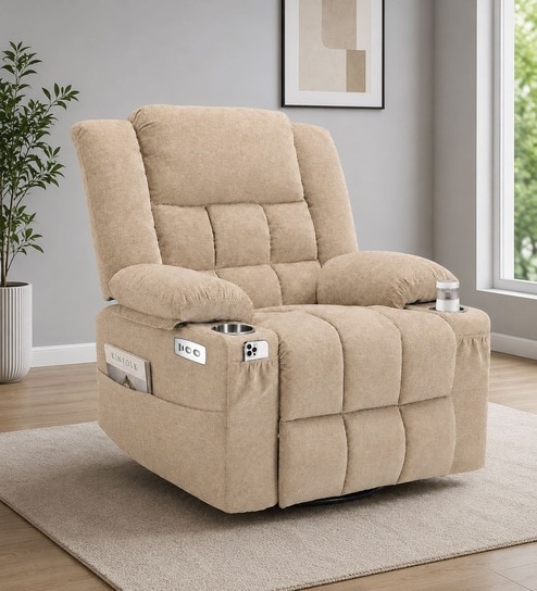 Shark Suede Fabric Rocking And Revolving Electric 1 Seater Recliner With USB Port In Sand Beige Colour