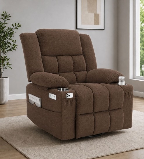 Shark Suede Fabric Rocking And Revolving Electric 1 Seater Recliner With USB Port In Brown Colour