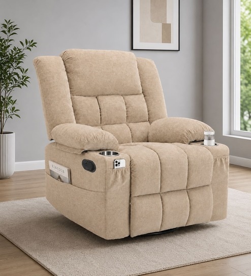 Shark Suede Fabric Rocking And Revolving Manual 1 Seater Recliner In Sand Beige Colour