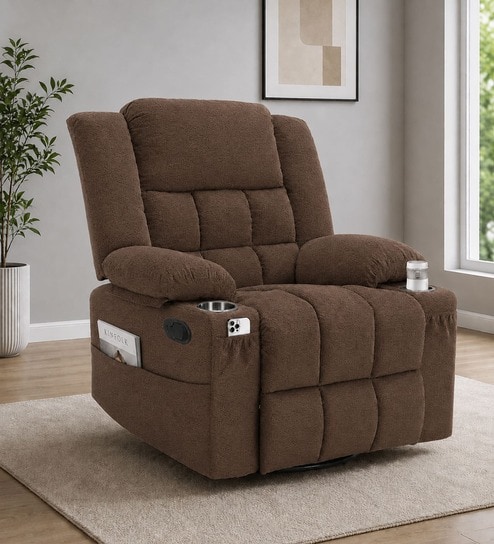 Shark Suede Fabric Rocking And Revolving Manual 1 Seater Recliner In Brown Colour