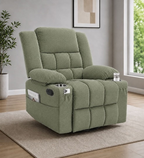 Shark Suede Fabric Rocking And Revolving Manual 1 Seater Recliner In Sage Green Colour