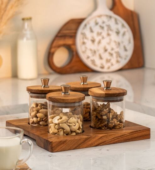 Set of 4 Sheen Storage Jar Set Glass, Acacia Wood & Metal Knob with Tray