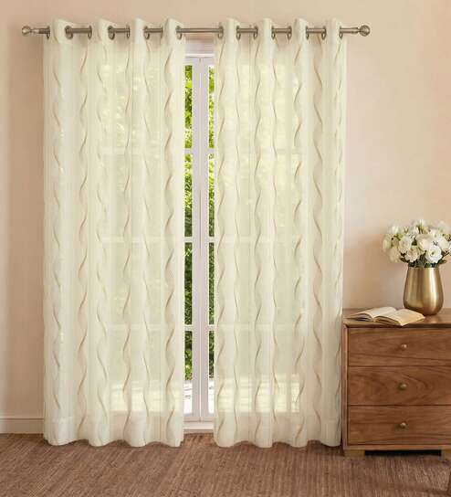 Sheer Double Wave Butter Cream Solid Polyester Curtains for Window Pack of 2