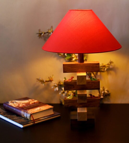 Sheesham Wood Bird Red Cotton Shade Table Lamp With Brown Base By Unravel India