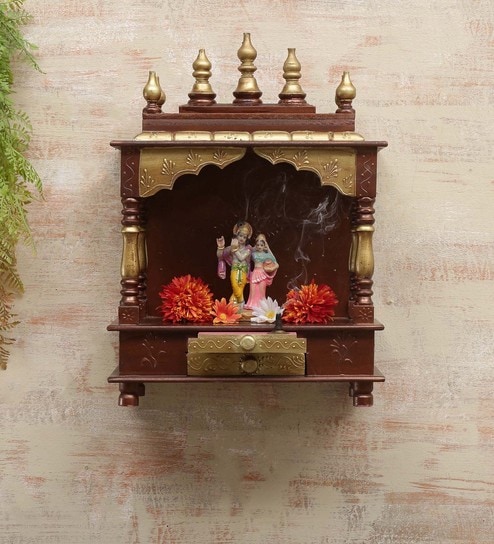 Sheesham Wood Wall Mounted Five Dome Pooja Mandir In Copper