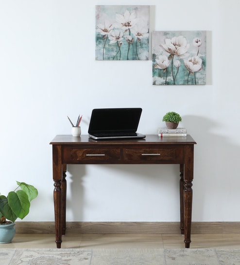 Sheraton Sheesham Wood Writing Table In Scratch Resistant Provincial Teak Finish  With Drawers