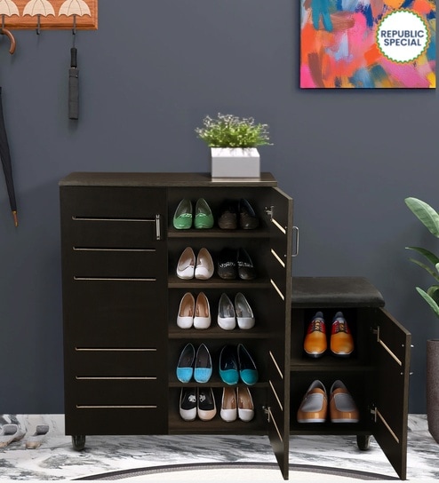 Shinji 18-Pairs Shoe Cabinet In Wenge Finish With Seating