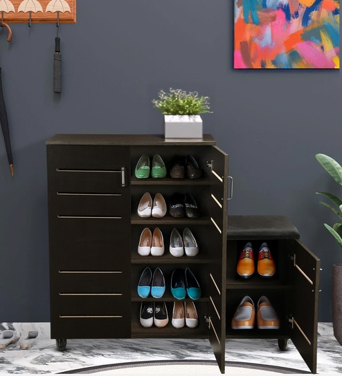 Shinji 18-Pairs Shoe Cabinet In Wenge Finish With Seating