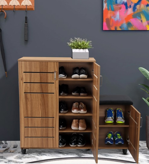 Shinji 20-Pairs Shoe Cabinet With Seating & Adjustable Shelf In Lyon Walnut Finish