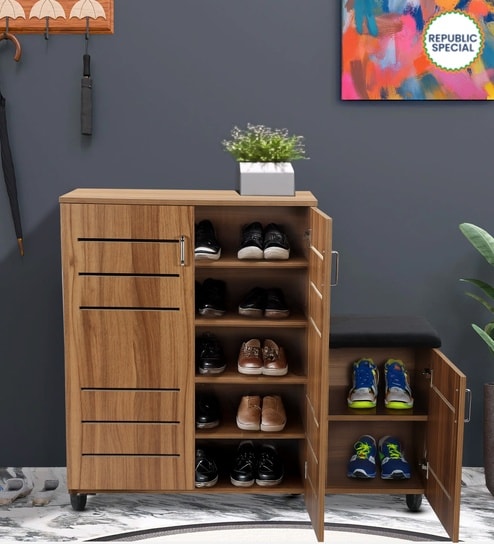 Shinji 20-Pairs Shoe Cabinet With Seating & Adjustable Shelf In Lyon Walnut Finish