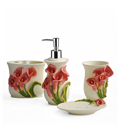 Buy Polyresin Floral Counter Top Bathroom Accessories In White Set Of 4 By Shresmo Online Accessory Sets Accessory Sets Homeware Pepperfry Product