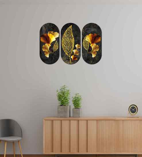 Set of 3  Golden Leaf Wooden Wall Hanging Set Of 3