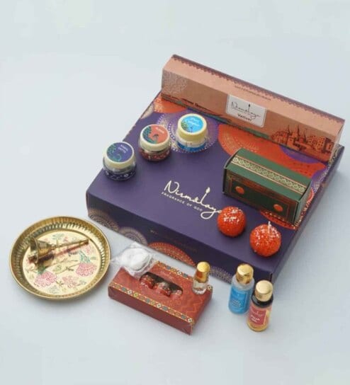 Shubh Diwali Gift Box with Minakari Work Pooja Thali Set, Incense Sticks, Havan Cups with Scented Candles