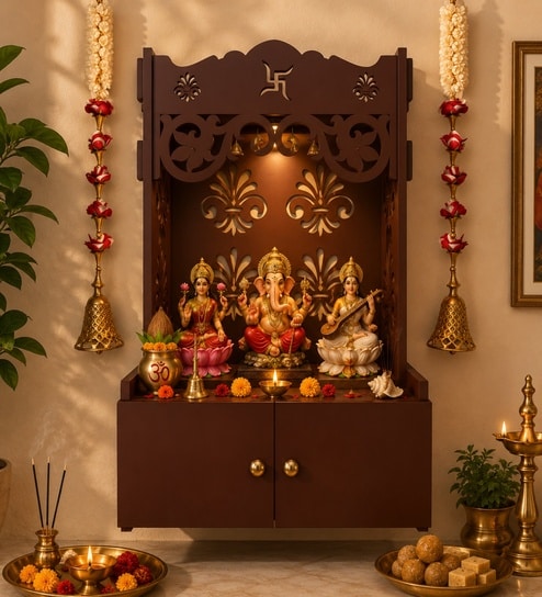 Shubh Labh Symbol of Hindu Religious Brown Wooden Wall Temple for Home With Inbuilt focus Lights & Spacious Shelf