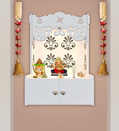 Shubh Labh Symbol of Hindu Religious White Wooden Wall Temple for Home With Inbuilt focus Lights & Spacious Shelf