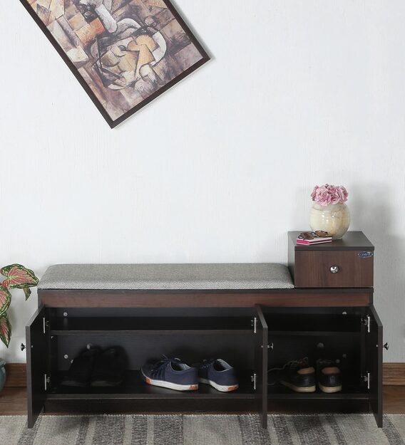 Buy Shoe Rack with Seat in Wenge & Walnut Finish by Crystal Furnitech