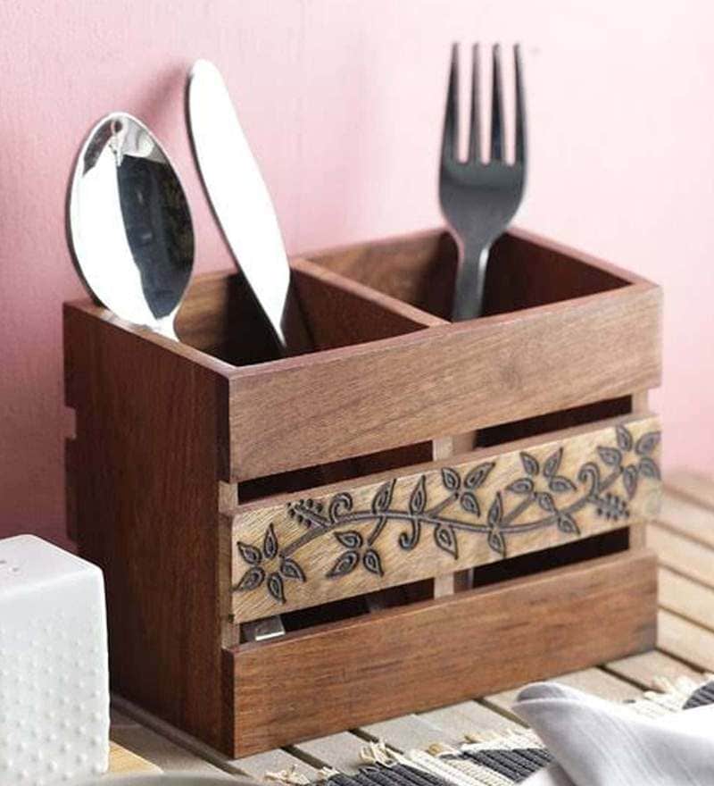 Buy Sheesham Wood 2 Compartments Cutlery Holder With Tissue Older