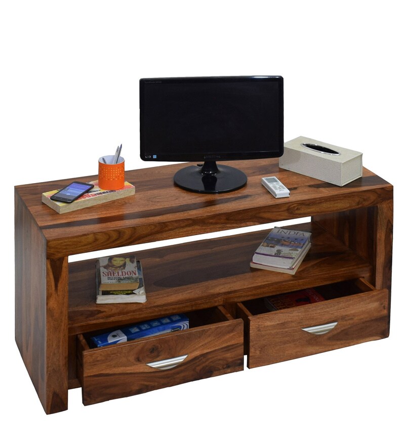 Buy Sheesham Wood TV Unit in Natural Teak Finish by TimberTaste Online Contemporary TV
