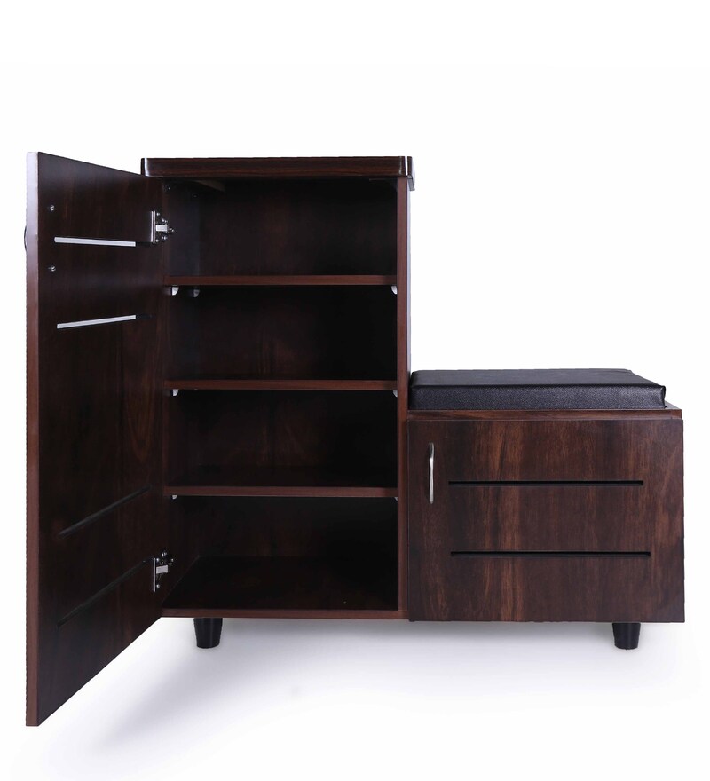 Buy Sheffield LHS Shoe Rack With Seating In Brown Finish By Solace