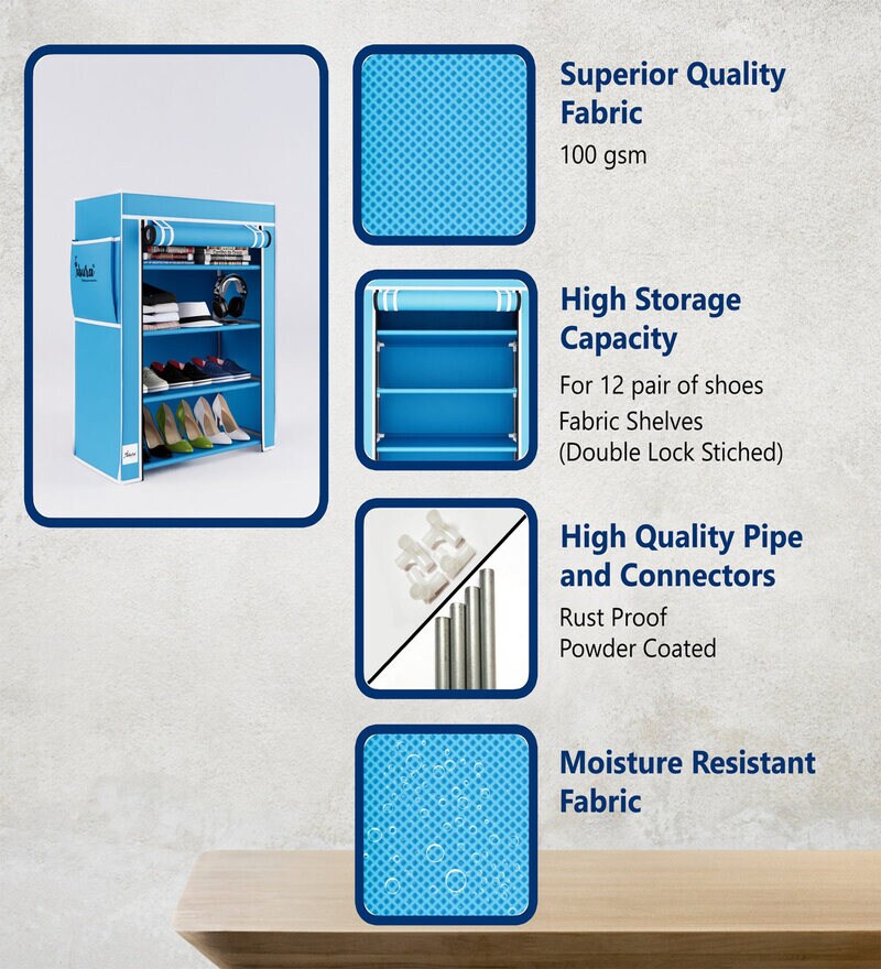 Buy Chevy 4 Tier Shoe Rack & Cover in Blue Colour by Fabura Online