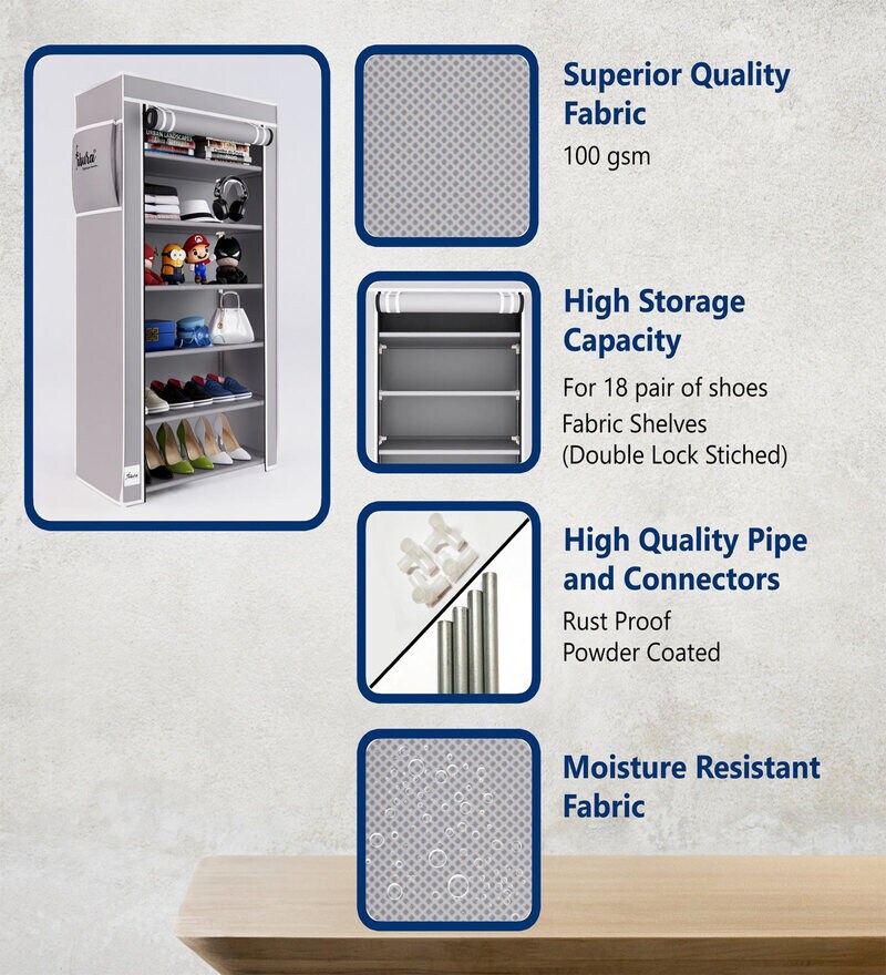 Buy Alpine Fabric Open Shoe Rack in Grey Finish by FABURA Online Open